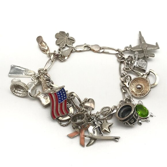 Vintage 925 Sterling Silver Full Loaded Charm Bracelet 7" - Picture 1 of 8
